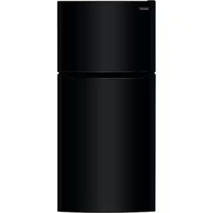 Black top-freezer refrigerator with a sleek, smooth surface and minimalist design.