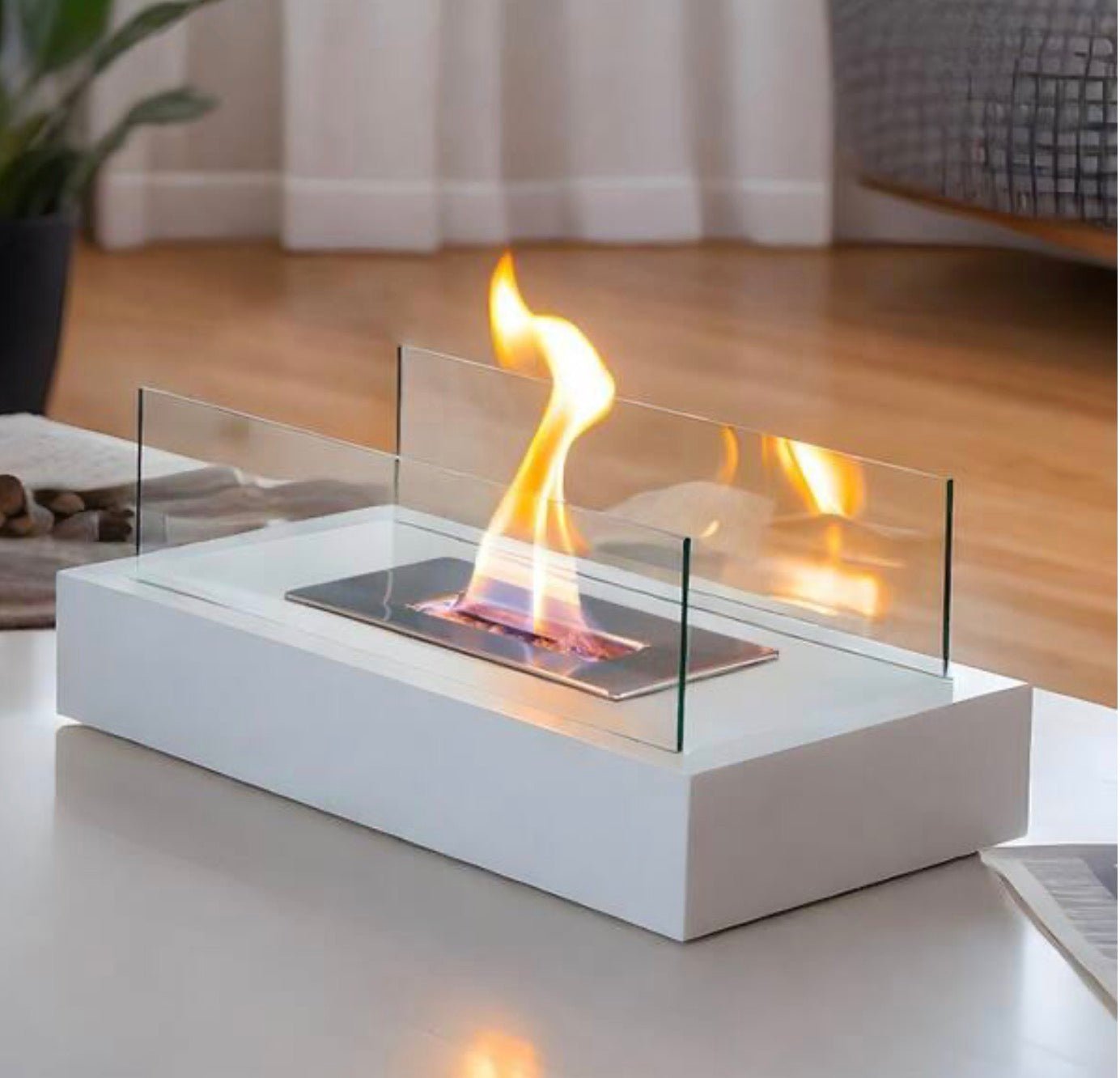 14 in. Tabletop Ventless Bioethanol Fireplace, White Square Stainless Steel Burner Gentle Warmth, Real Flame, Portable - Stu's Home Improvement Outlet