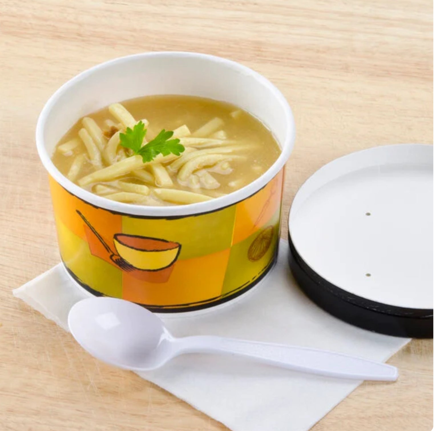 Huhtamaki 71850 Streetside Print 12 oz. Double Poly - Paper Soup / Hot Food Cup with Vented Paper Lid - 250/Case - Stu's Home Improvement Outlet