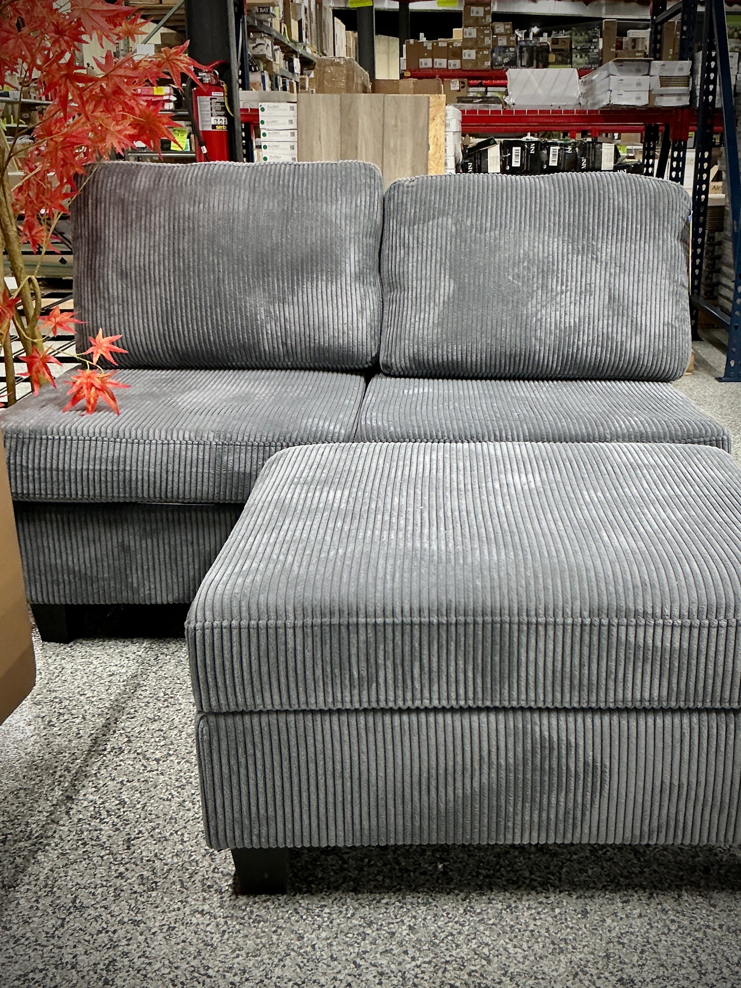 2 Grey Corded Fabric Sectional Modules with Ottoman