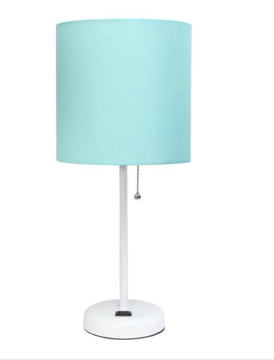 19.5 in. White and Aqua Stick Lamp with Charging Outlet and Fabric Shade