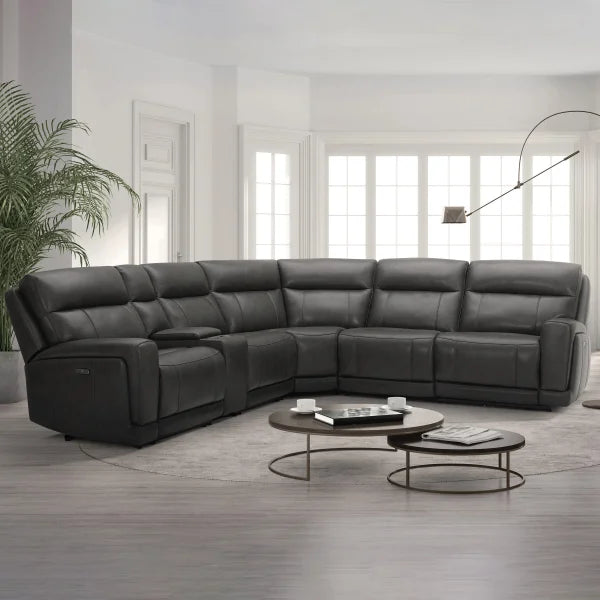 Dark leather sectional sofa in a bright, modern room with large windows and a round coffee table.