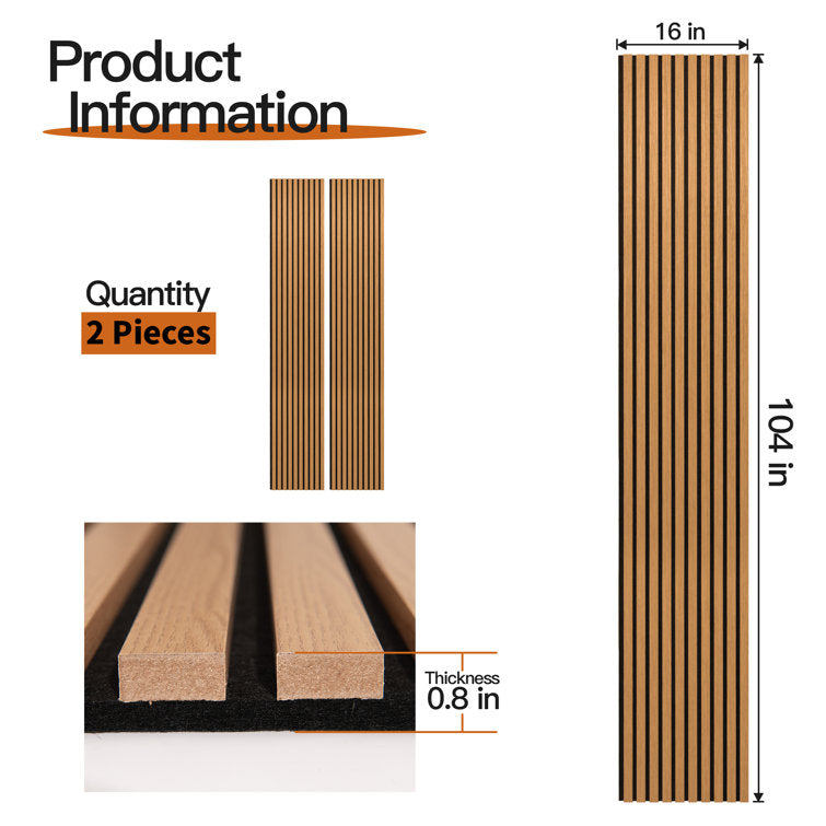 2Pcs 16''x104'' Wood Look Acoustic Wall Paneling,3D Sound proof Slat Wall Panels for Interior Wall Decor（23 sq.ft./Case）