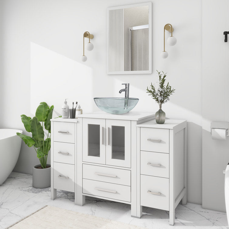 48” Bathroom Vanity Sink Combo with Glass Sink, Wood Top, 2 Side Cabinets, Faucet