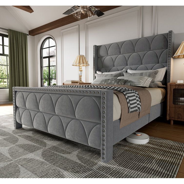 56" Velvet Wingback Bed Frame
