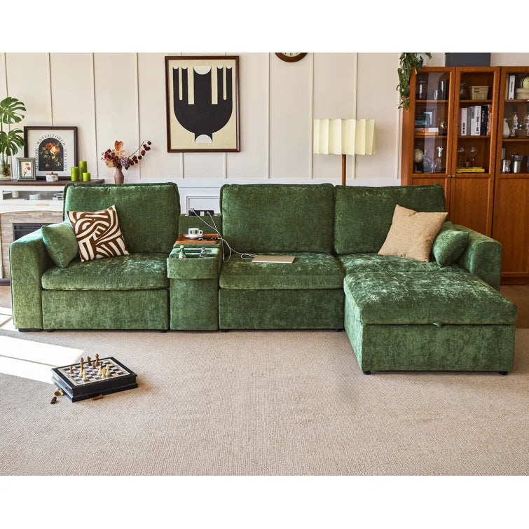 L-Shaped 4-Seater Sectional Chenille Oversized Modular Sofa Cloud Couch with Versatile Console, Convertible Side Table with Charging Storage Cup Holder