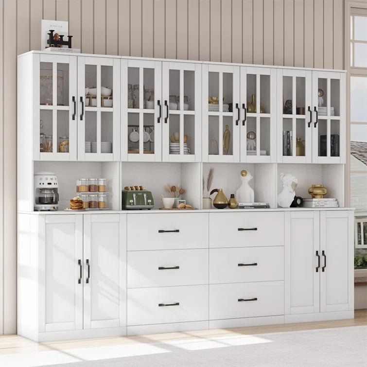71" H X 94.5" W Kitchen Pantry With Bookcases, Glass Door Kitchen Hutch With Drawer And Spacious Countertops(AABB)