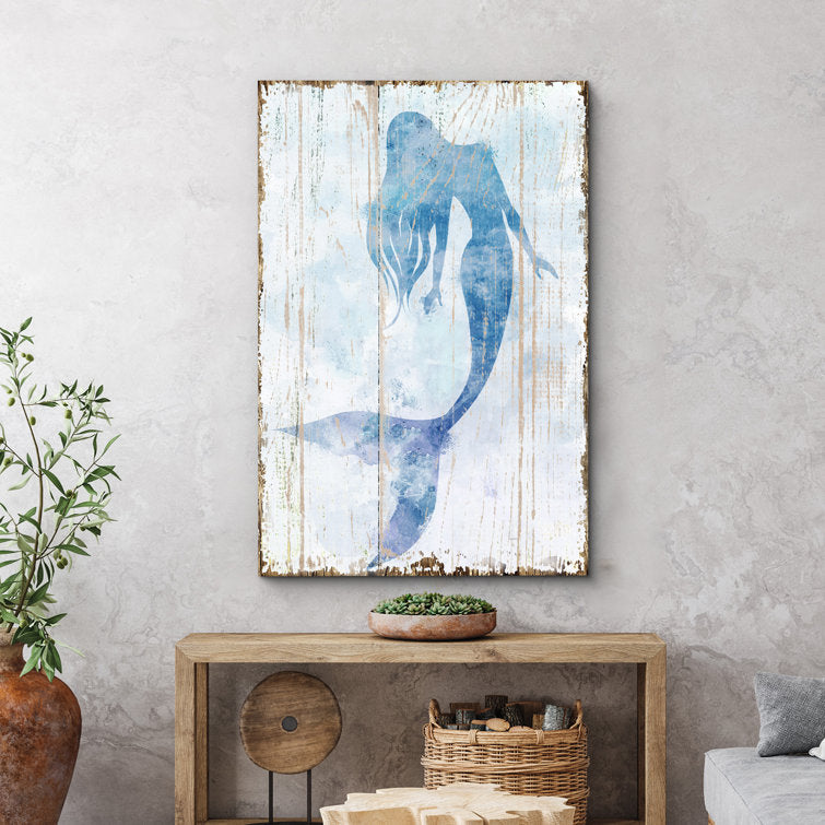 Blue Mermaid On Wood Effect Panel Nautical Coastal Beach Bathroom Decor Canvas Prints Wall Art