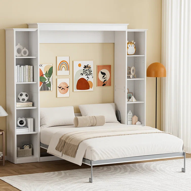 Queen Size Murphy Bed Space-Saving Wall Bed With Storage Shelves