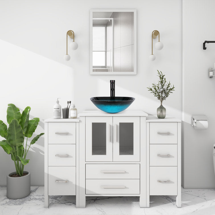 Eclife 48“ Single Bathroom Vanity Set with Glass Vessel Sink, Manufactured Wood Top, Water Resistant, Zinc Alloy Faucet