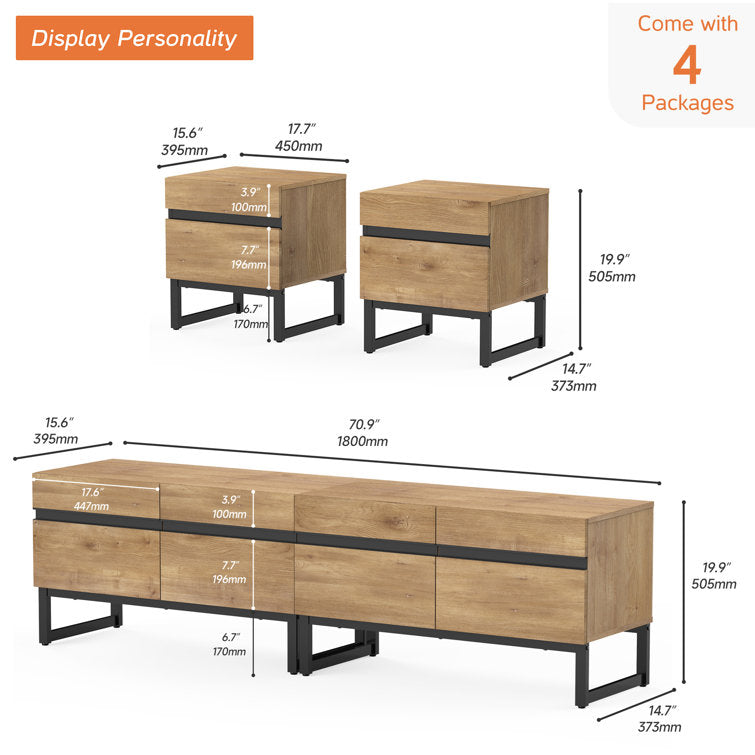 Darail TV Stand And End Table Set Of 3, Living Room Table Sets, TV Stand And 2 End Table Set With Drawers For Living Room, Entertainment Center, Console TV Table