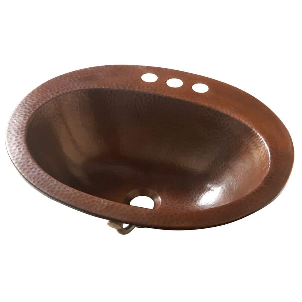 Seville 20 in. Drop-In Copper Bath Sink in Aged Copper 4 in. Faucet Holes with Overflow