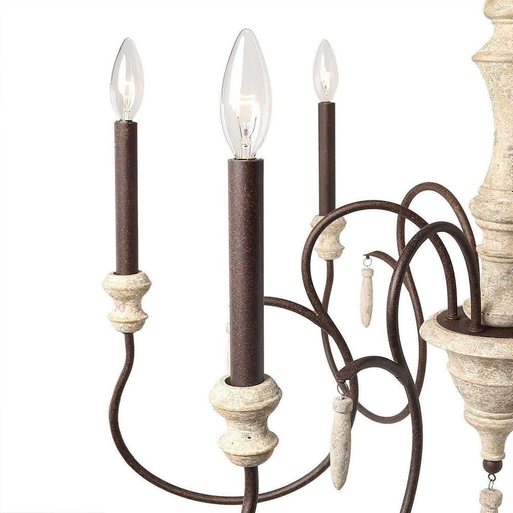 6-Light Aged Iron/Brown Candlestick Wood Chandelier French Country Farmhouse Antique Wood Hanging Light for Dining Room