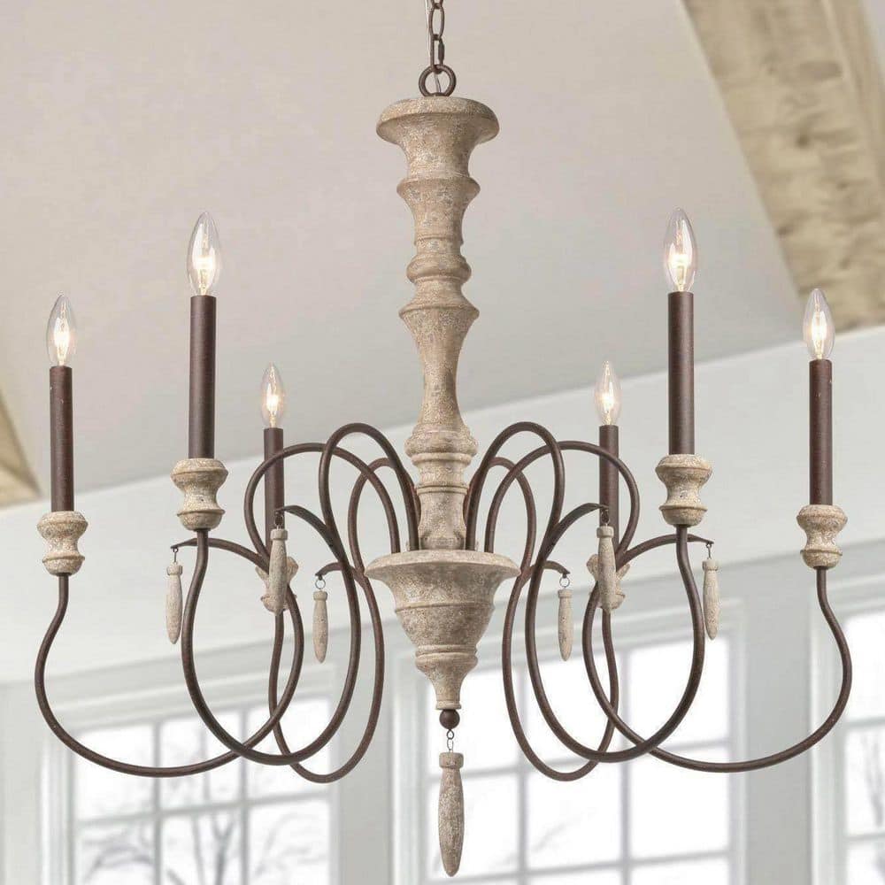 6-Light Aged Iron/Brown Candlestick Wood Chandelier French Country Farmhouse Antique Wood Hanging Light for Dining Room
