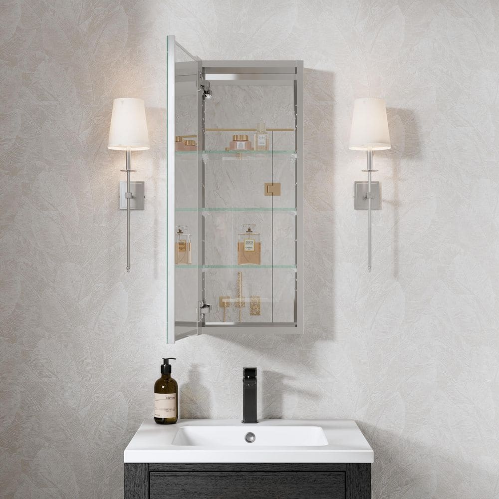 ROSA 12 in. W x 30 in. H Rectangular Aluminum Tri-View Medicine Cabinet with Mirror, Blum Hinge, Adjustable Shelves