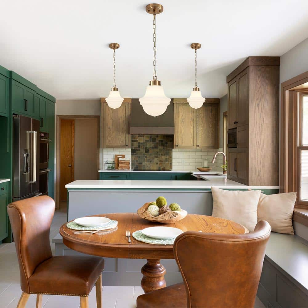 Myrtis 8.26 in. 1-Light Antique Brass Schoolhouse Metal Pendant Light with Frosted Opal Glass Shade Adjustable Pendant