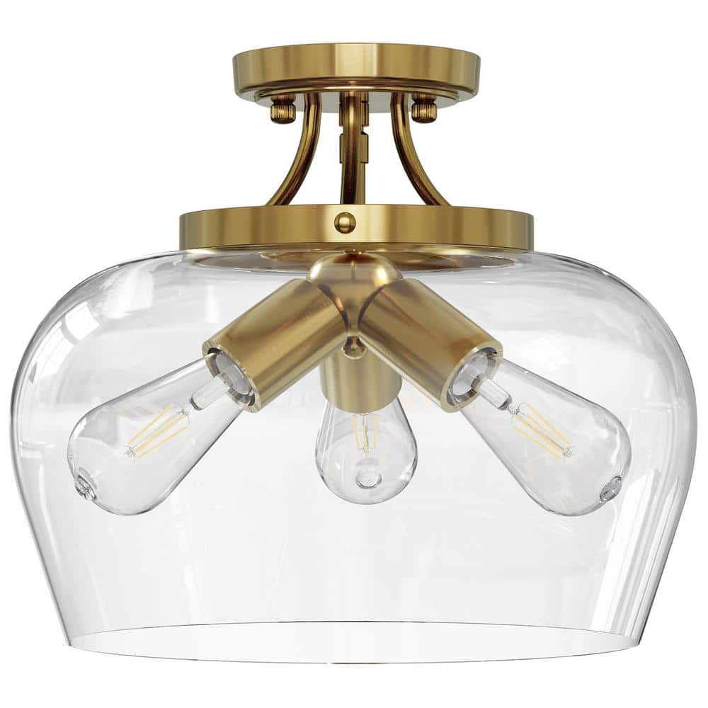 11 in. 3-Light Antique Brass Semi-Flush Mount Ceiling Light with Glass Shade