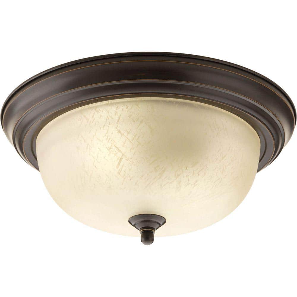 2 - Light Antique Bronze Flush Mount with Etched Umber Linen Glass - Stu's Home Improvement Outlet