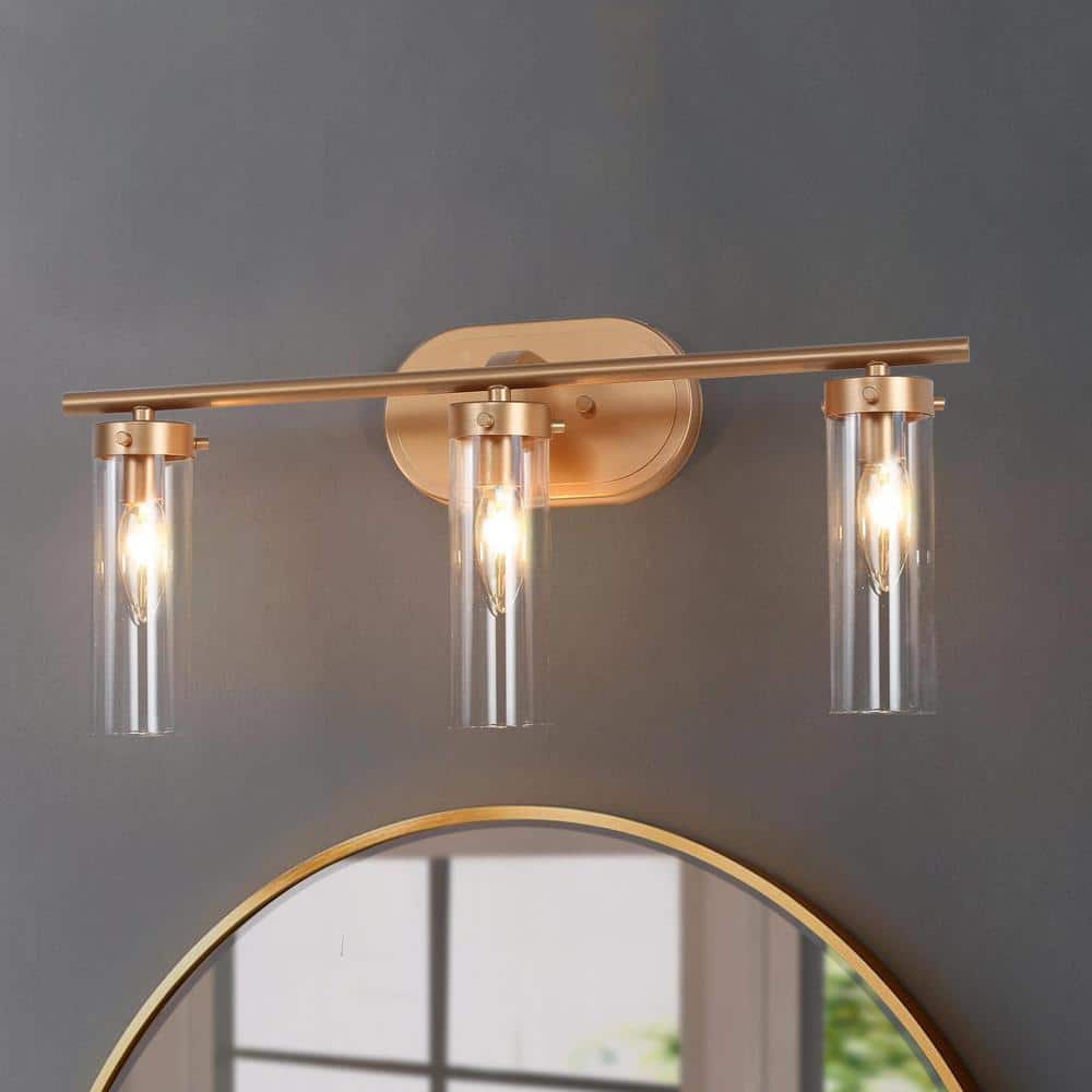 Antique Gold Modern 3 - Light Bathroom Vanity Light 21.5 in. Powder Room Wall Light with Cylinder Clear Glass Shades - Stu's Home Improvement Outlet