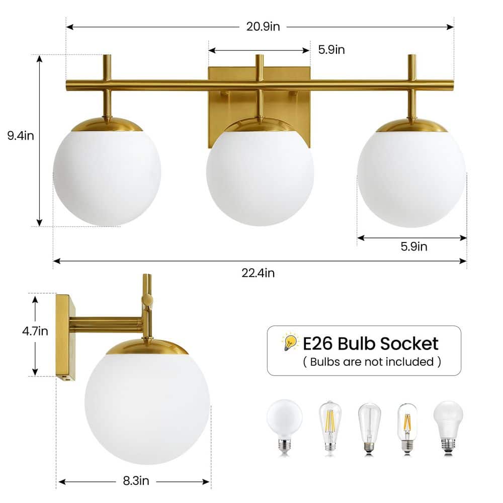 22 in. 3 - Light Antique Gold Vintage Brass Globe Clear and Frosted Glass Shades Farmhouse Urban Bathroom Vanity Light - Stu's Home Improvement Outlet