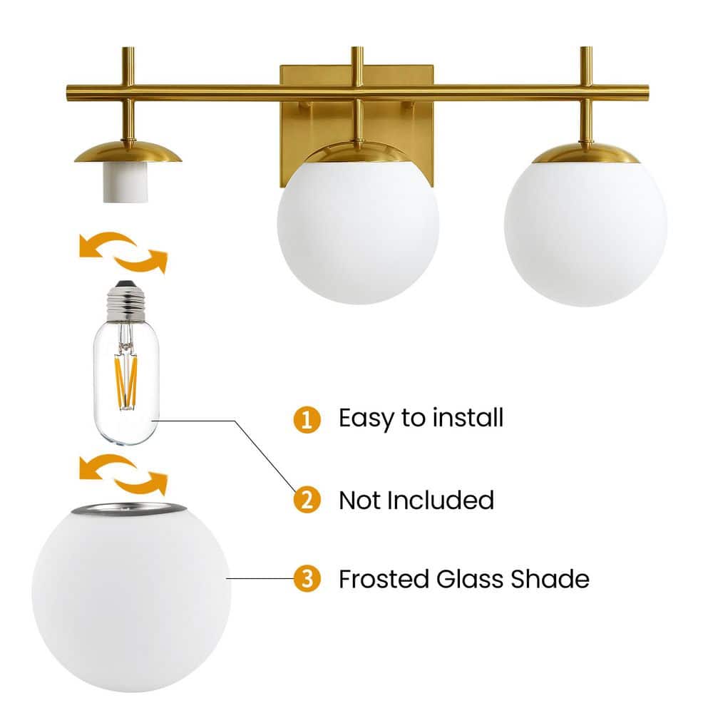 22 in. 3 - Light Antique Gold Vintage Brass Globe Clear and Frosted Glass Shades Farmhouse Urban Bathroom Vanity Light - Stu's Home Improvement Outlet