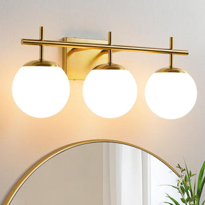 22 in. 3 - Light Antique Gold Vintage Brass Globe Clear and Frosted Glass Shades Farmhouse Urban Bathroom Vanity Light - Stu's Home Improvement Outlet