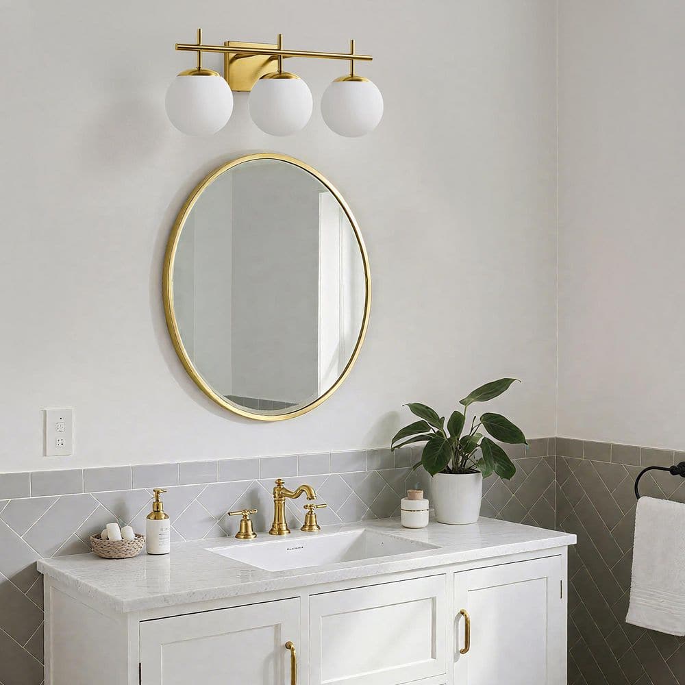 22 in. 3 - Light Antique Gold Vintage Brass Globe Clear and Frosted Glass Shades Farmhouse Urban Bathroom Vanity Light - Stu's Home Improvement Outlet