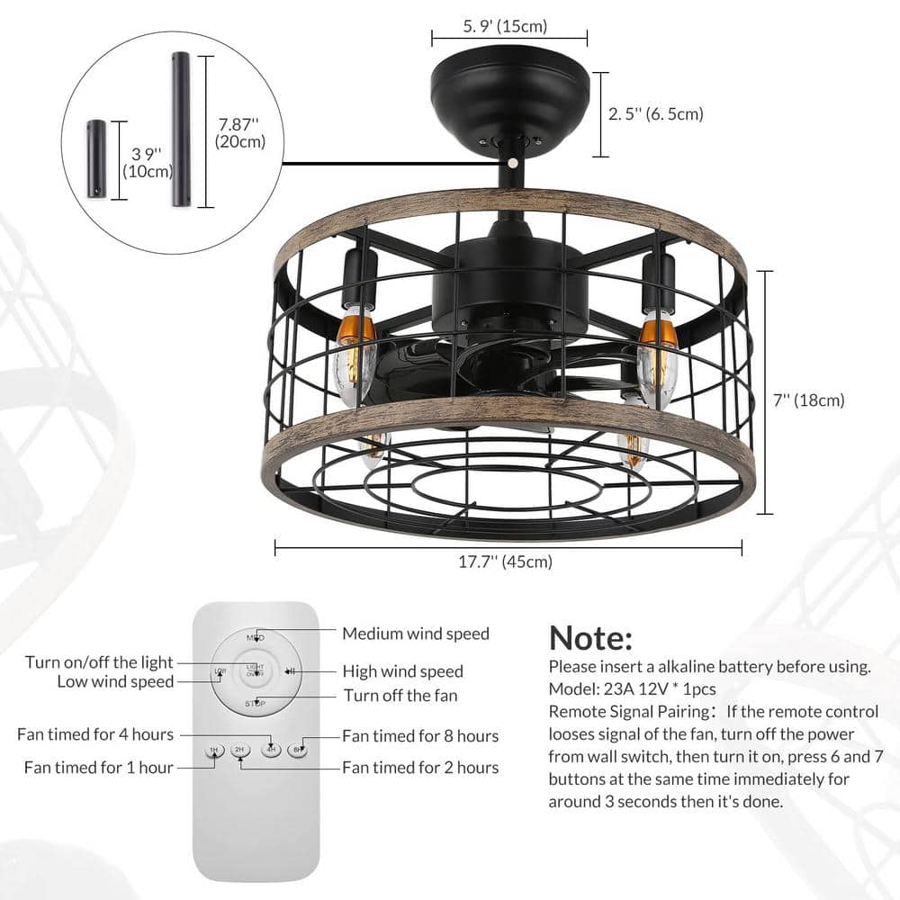 17.7 in. Indoor Black Ceiling Fan Caged Ceiling Fan with Lights and Remote Enclosed Ceiling Fan