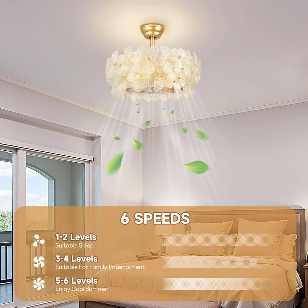 22 in. Indoor Gold Glass Flower Ceiling Fan with Light, Caged Fandelier with Remote Control, 6 - Speeds for Bedroom - Stu's Home Improvement Outlet