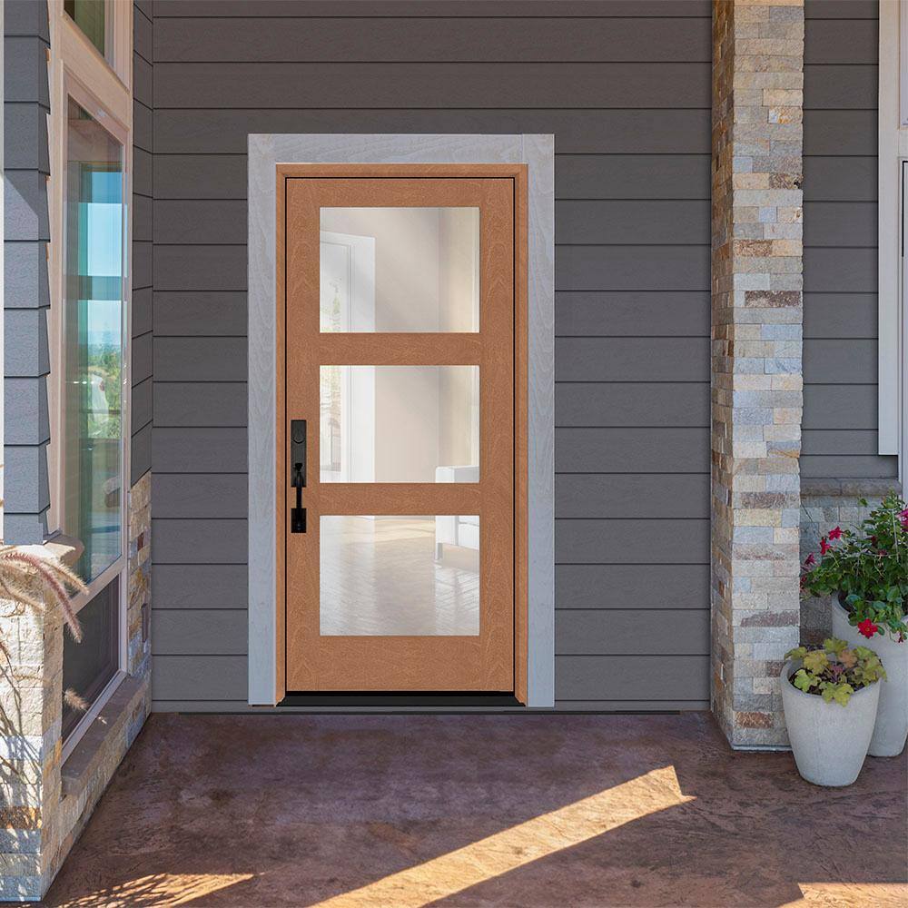 Regency 36 in. x 80 in. Modern 3 - Lite Equal Clear Glass RHIS Autumn Wheat Stain Mahogany Fiberglass Prehung Front Door - Stu's Home Improvement Outlet