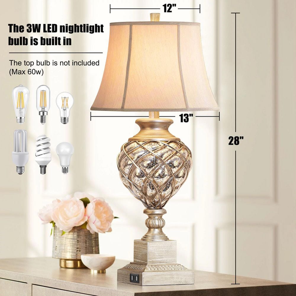 29 in. Beige Tall Bedside Lamp with Night Light, Vintage Table Lamps with Usbs Faux Silk Shade for Living Room End Table - Stu's Home Improvement Outlet