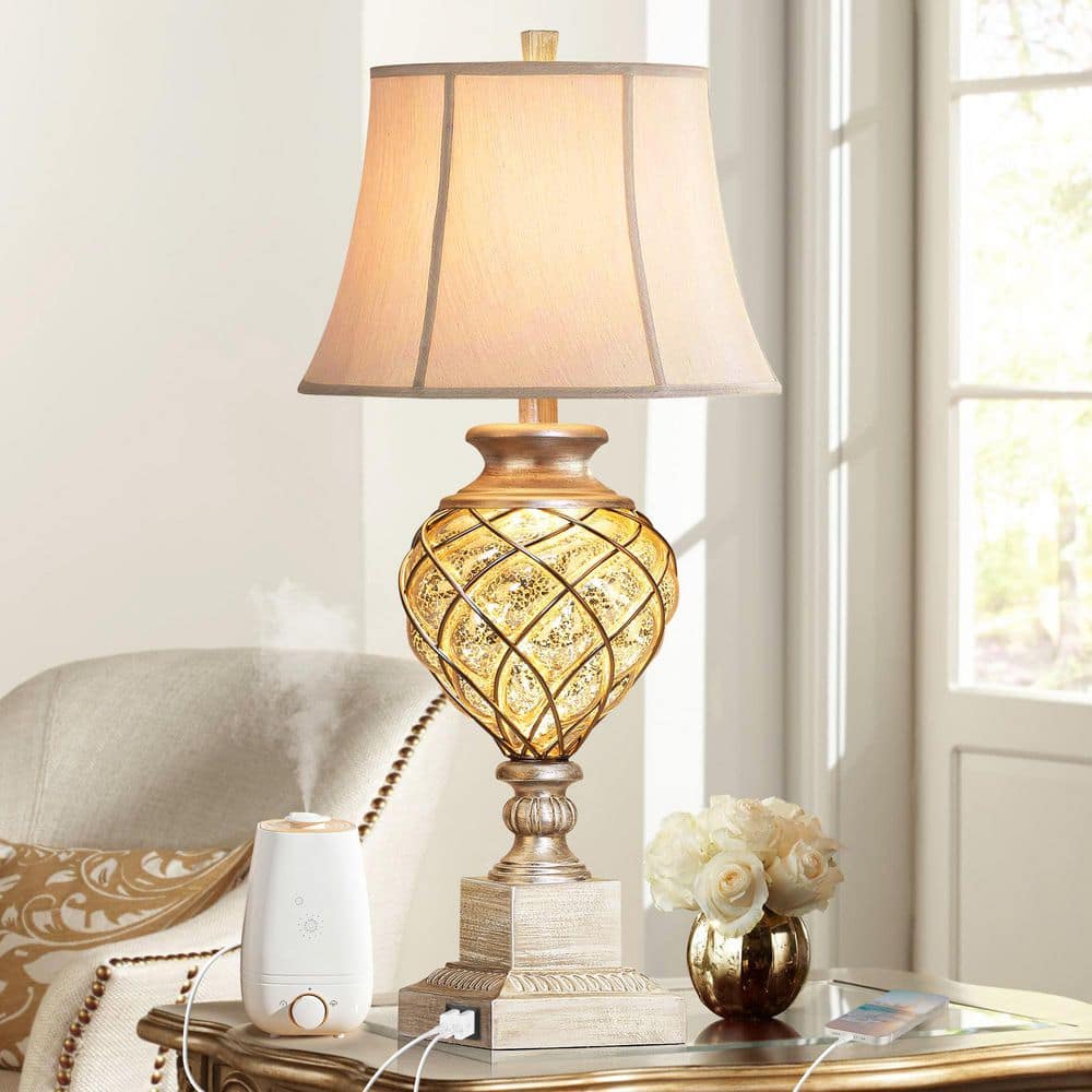 29 in. Beige Tall Bedside Lamp with Night Light, Vintage Table Lamps with Usbs Faux Silk Shade for Living Room End Table - Stu's Home Improvement Outlet