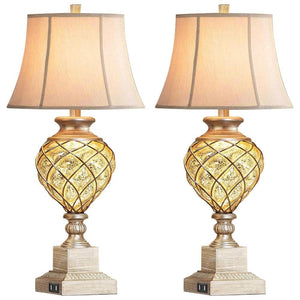29 in. Beige Tall Bedside Lamp with Night Light, Vintage Table Lamps with Usbs Faux Silk Shade for Living Room End Table - Stu's Home Improvement Outlet