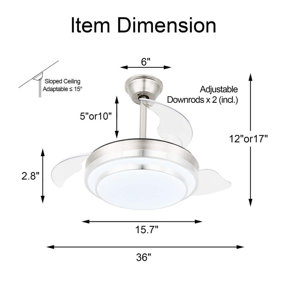 36 in. LED Brushed Nickel Indoor Retractable Ceiling Fan with Dimmable Light and Remote Reversible Motor - Stu's Home Improvement Outlet