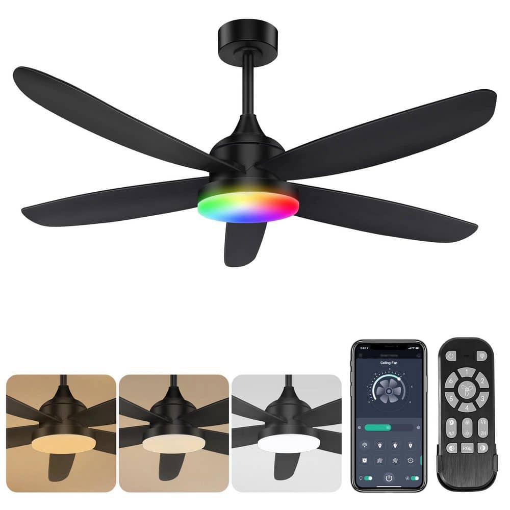 42 in. RGB Integrated LED Indoor/Covered Outdoor Black Ceiling Fan with Reversible Rotation and Remote Control