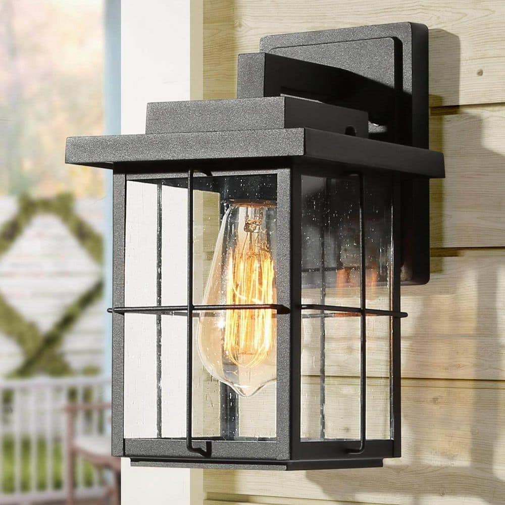11 in. Modern Black Outdoor Wall Lantern Sconce Farmhouse 1 - Light Porch/Patio Seeded Glass Wall Lamp Exterior Lighting - Stu's Home Improvement Outlet