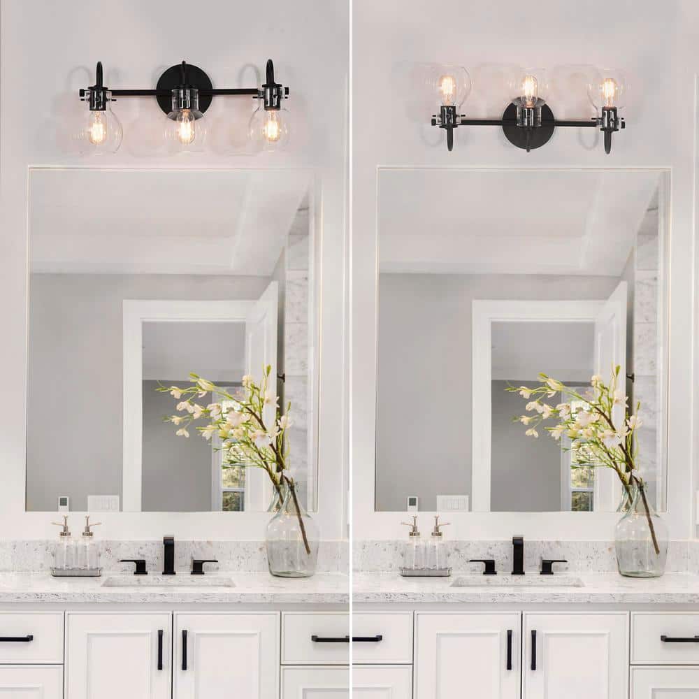 22 in. 3-Light Modern Black Bathroom Vanity Light Farmhouse Wall Sconce with Clear Glass Globe Shades