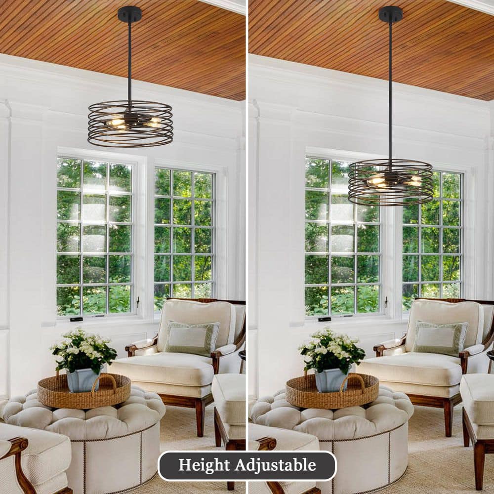 Industrial 3 - Light Black Island Chandelier Transitional Pendant Light with Open Drum Cage Shade - Stu's Home Improvement Outlet