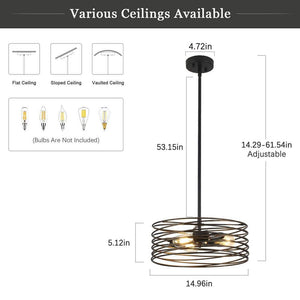 Industrial 3 - Light Black Island Chandelier Transitional Pendant Light with Open Drum Cage Shade - Stu's Home Improvement Outlet