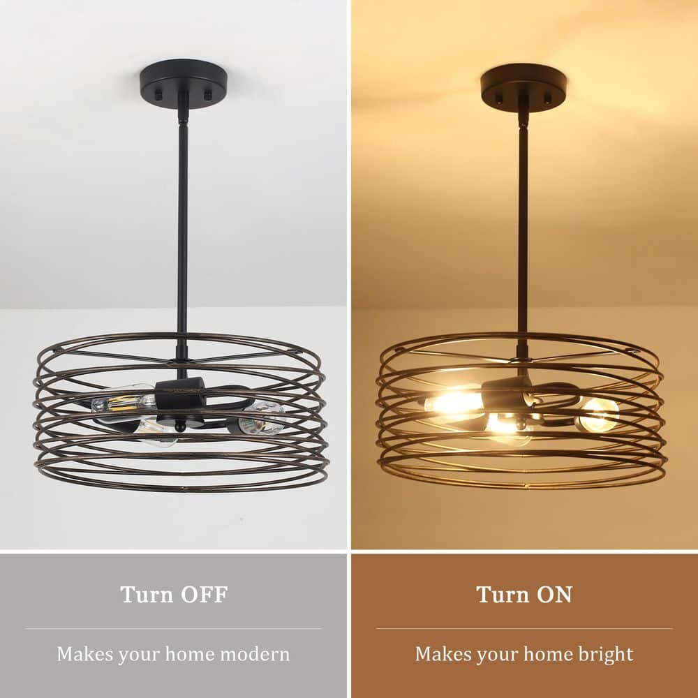 Industrial 3 - Light Black Island Chandelier Transitional Pendant Light with Open Drum Cage Shade - Stu's Home Improvement Outlet