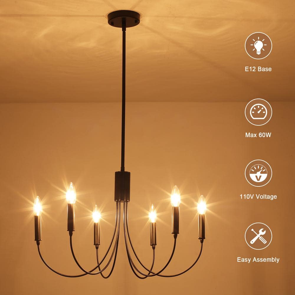 6 - Light Black Industrial Dining Room Candle Chandelier Modern Farmhouse Pendant Light - Stu's Home Improvement Outlet