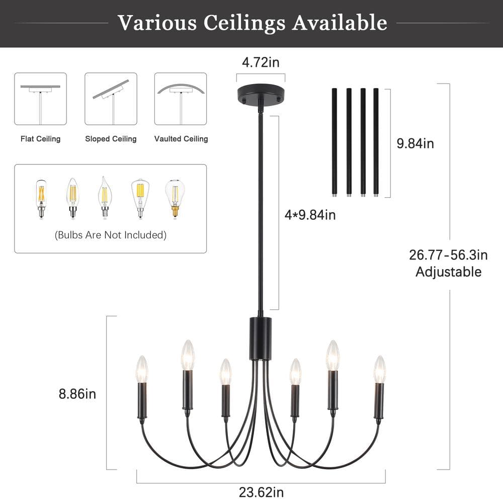 6 - Light Black Industrial Dining Room Candle Chandelier Modern Farmhouse Pendant Light - Stu's Home Improvement Outlet