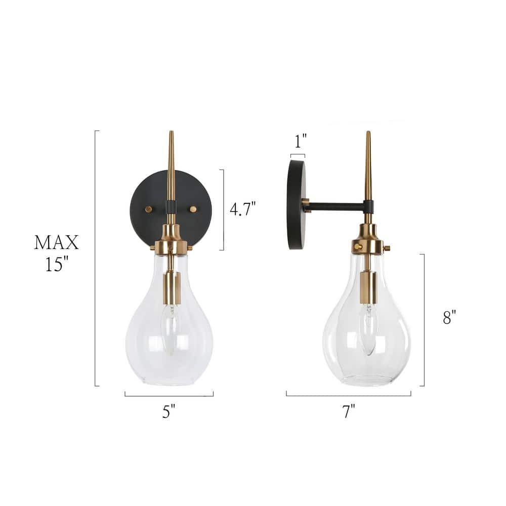 15 - in H. Modern Bedroom Teardrop Wall Sconce 1 - Light Black and Brass Gold Bathroom Vanity Light with Clear Glass Shade - Stu's Home Improvement Outlet