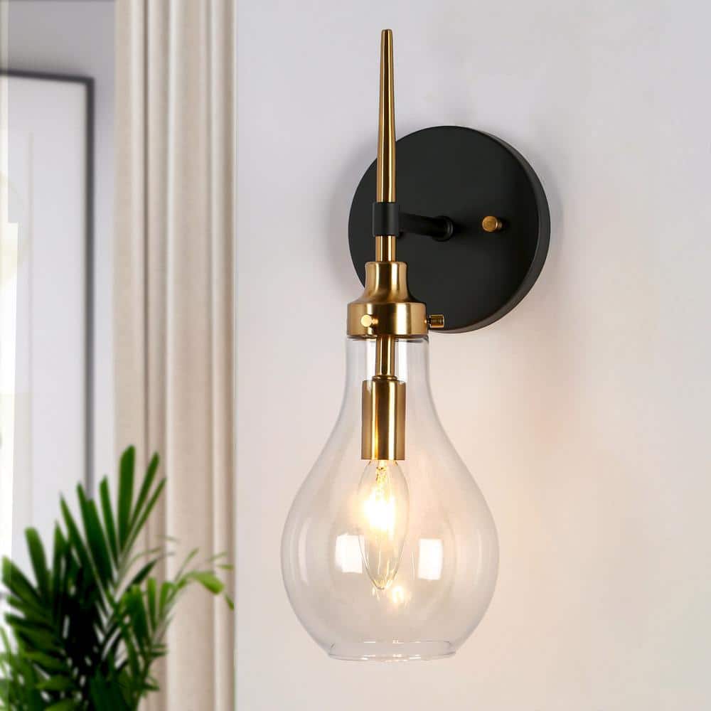 15 - in H. Modern Bedroom Teardrop Wall Sconce 1 - Light Black and Brass Gold Bathroom Vanity Light with Clear Glass Shade - Stu's Home Improvement Outlet