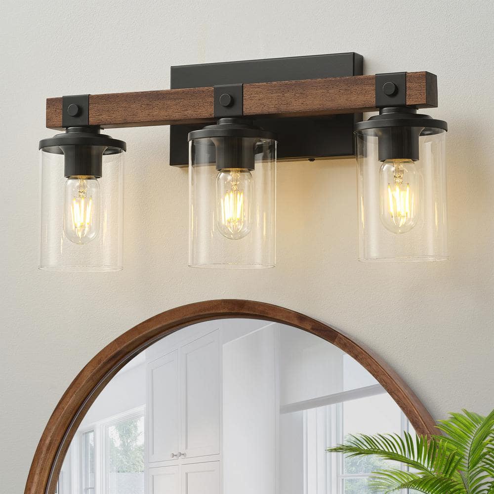 19.88 in. 3-Lights Black and Brown Wood Rustic Farmhouse Bathroom Vanity Light with Cylinder Glass Shade