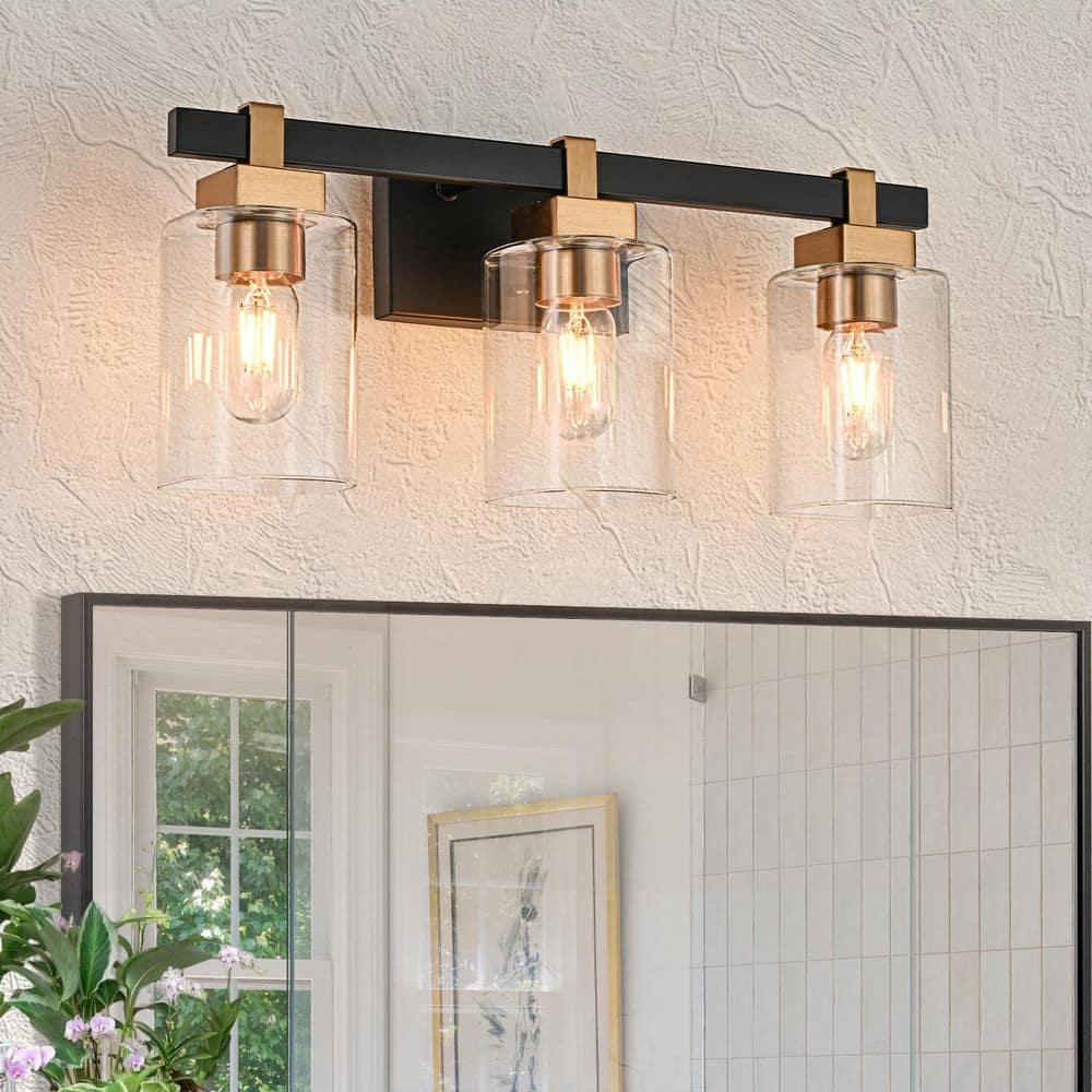 Liam 20.1 in. 3-Light Black and Gold Bathroom Vanity Light Over Mirror with Square Shade Morden Vanity Lighting Fixtures