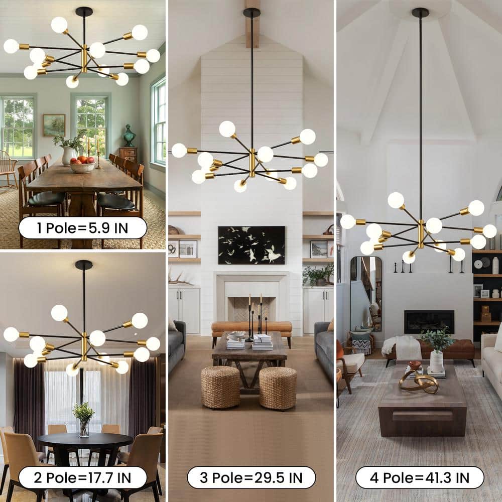 12 - Light Height Adjustable Mid - Century Ceiling Light Black And Gold Metal Linear Sputnik Chandelier No Bulbs Included - Stu's Home Improvement Outlet