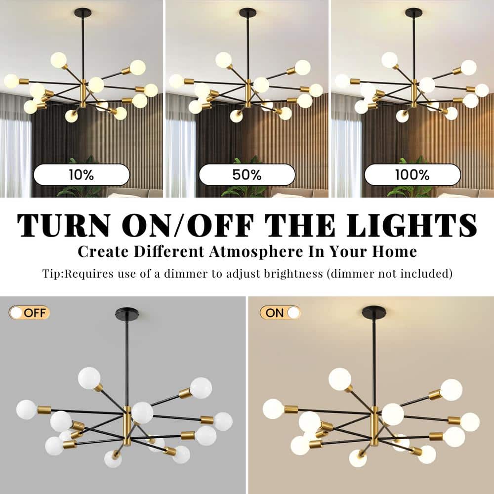 12 - Light Height Adjustable Mid - Century Ceiling Light Black And Gold Metal Linear Sputnik Chandelier No Bulbs Included - Stu's Home Improvement Outlet