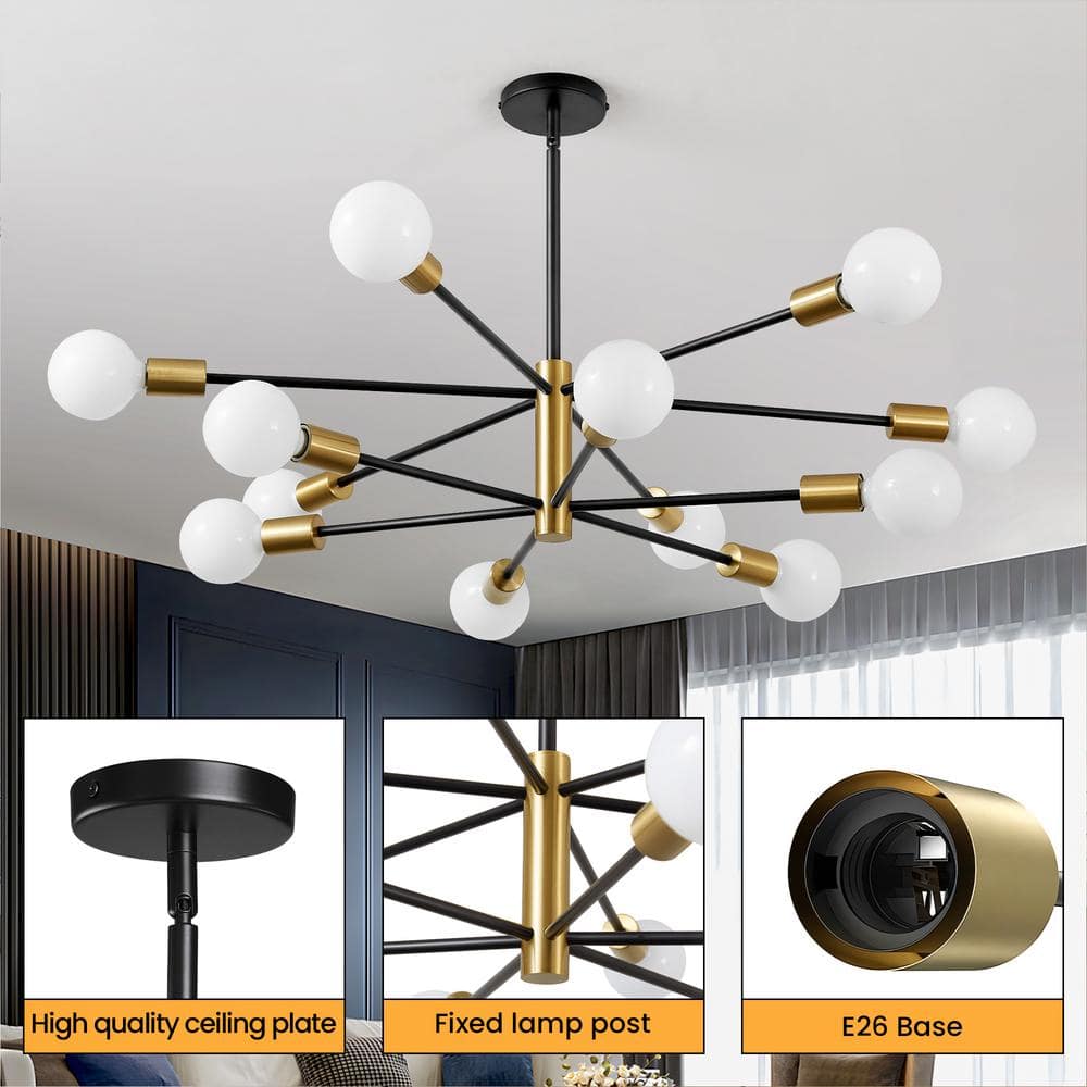12 - Light Height Adjustable Mid - Century Ceiling Light Black And Gold Metal Linear Sputnik Chandelier No Bulbs Included - Stu's Home Improvement Outlet