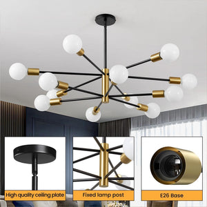 12 - Light Height Adjustable Mid - Century Ceiling Light Black And Gold Metal Linear Sputnik Chandelier No Bulbs Included - Stu's Home Improvement Outlet